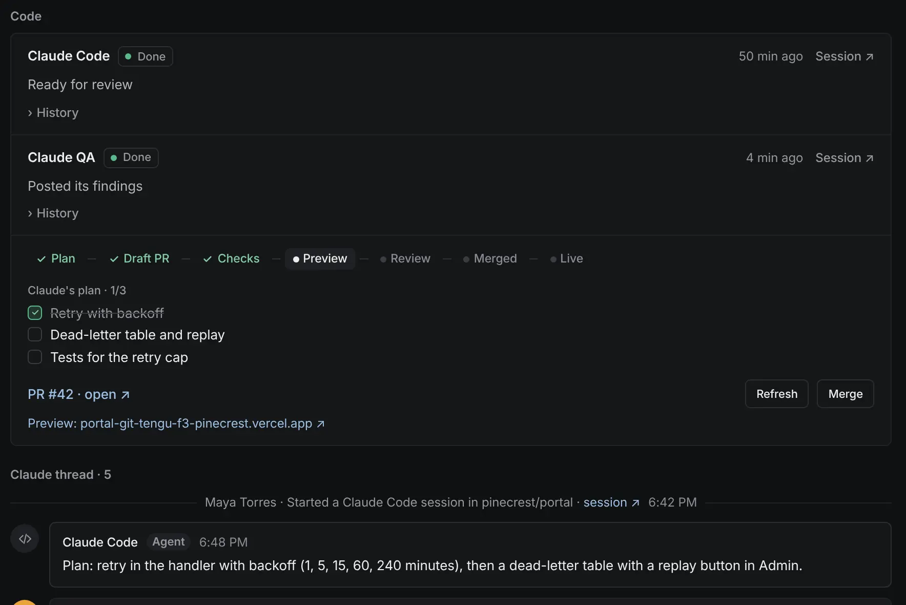 A quest's Claude pane: Claude Code done and ready for review, Claude QA's findings posted, the progress from plan to live, Claude's plan as a checklist, the pull request and its preview, then the thread with Claude.