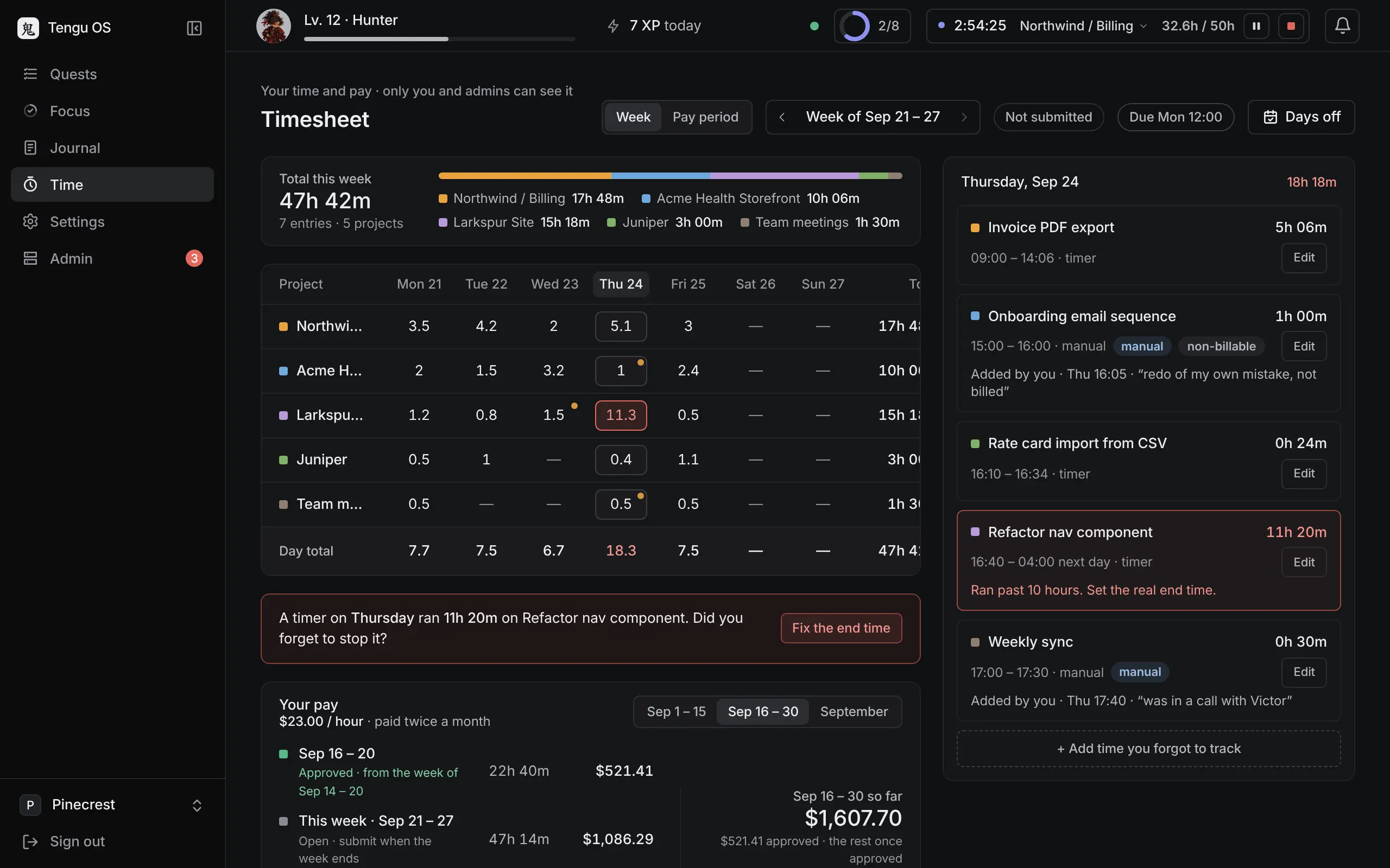 A member's timesheet: the week's hours by project and day, a timer flagged for running past 10 hours, each day's entries, and their pay for the period.